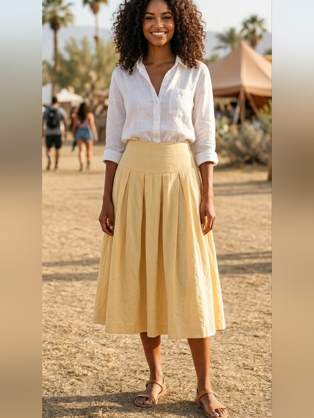 Vintage 80s Arpèges pure virgin wool Full Swing Midi flare Skirt yellow Small @z
